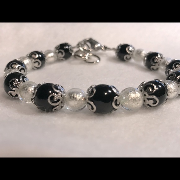 Opaque Black and Silver Murano Glass Bracelet - Picture 1 of 6